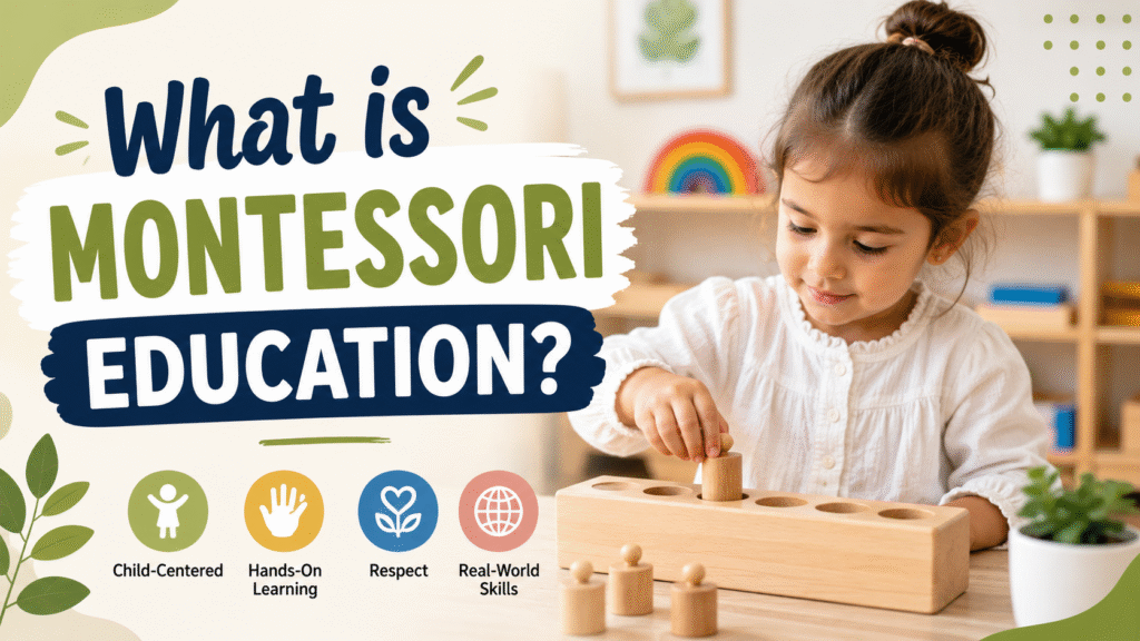 Colorful 16:9 Montessori education blog thumbnail featuring a young child learning with wooden Montessori materials in a modern classroom. Educational design with bold text ‘What is Montessori Education?’ and icons representing child-centered learning, hands-on activities, respect, and real-world skills in a soft, clean, and engaging environment.